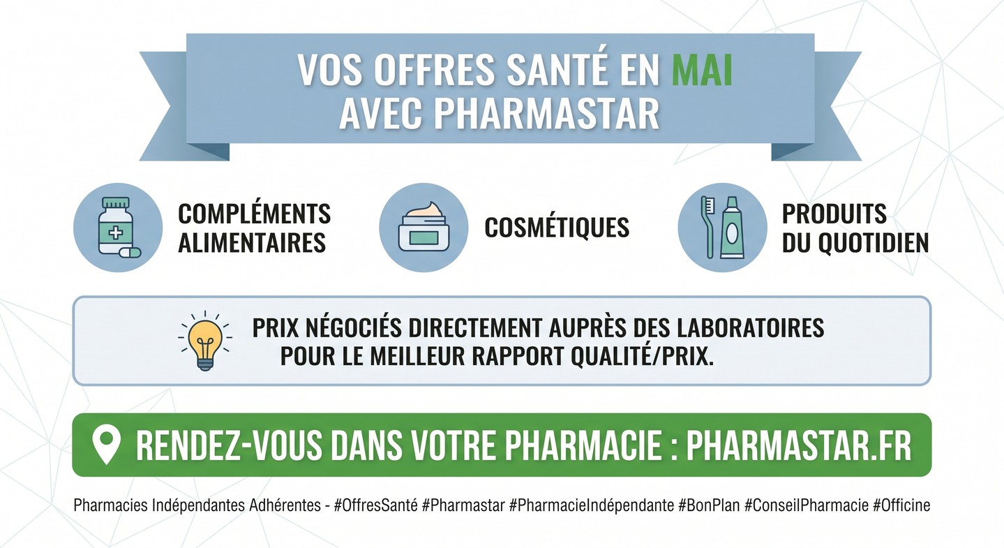 🎁 En mai, vos pharmacies Pharmastar ont des offres pour vous !
Parce que prendre soin de sa santé ne devrait pas être un luxe, nos pharmacies adhérentes proposent chaque mois des offres sélectionnées avec soin : compléments alimentaires, cosmétiques, produits du quotidien…
💡 Des prix négociés 𝗱𝗶𝗿𝗲𝗰𝘁𝗲𝗺𝗲𝗻𝘁 𝗮𝘂𝗽𝗿𝗲̀𝘀 𝗱𝗲𝘀 𝗹𝗮𝗯𝗼𝗿𝗮𝘁𝗼𝗶𝗿𝗲𝘀, pour vous faire bénéficier du meilleur rapport qualité/prix.
✅ Des conseils personnalisés par vos pharmaciens de confiance
✅ Des marques reconnues à prix maîtrisés
✅ Une sélection renouvelée chaque mois
👉 Rendez-vous dans votre pharmacie Pharmastar la plus proche pour découvrir les promotions du moment !
Et vous, quel est votre must-have santé du moment ? Dites-le nous en commentaire 👇
#OffresSanté #Pharmastar #PharmacieIndépendante #BonPlan #ConseilPharmacie #Officine #Santé #Bien-être #Pharmacie #PromoSanté